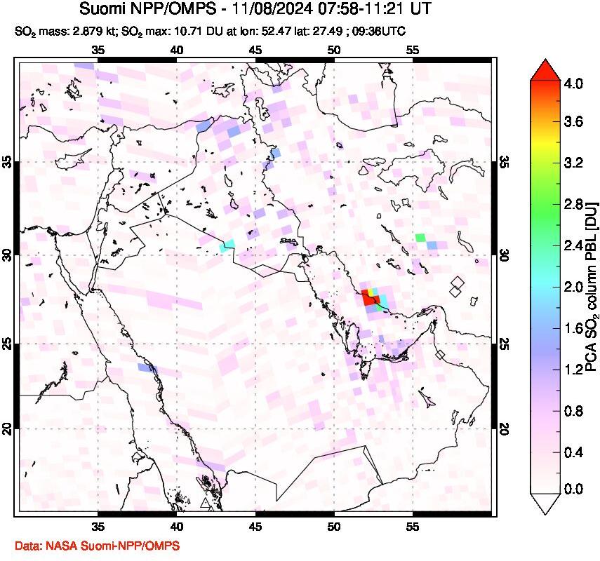 A sulfur dioxide image over Middle East on Nov 08, 2024.