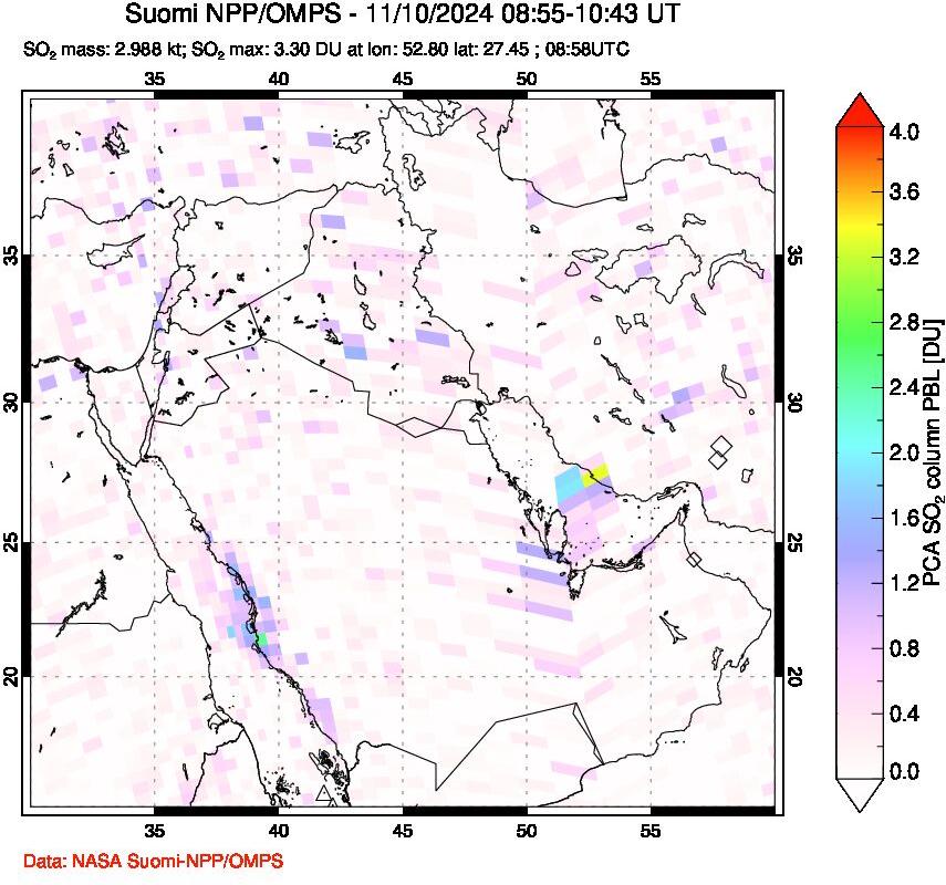 A sulfur dioxide image over Middle East on Nov 10, 2024.