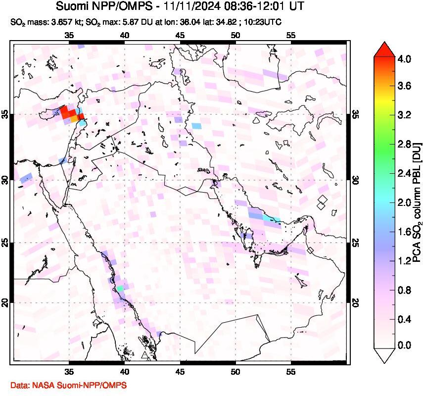 A sulfur dioxide image over Middle East on Nov 11, 2024.