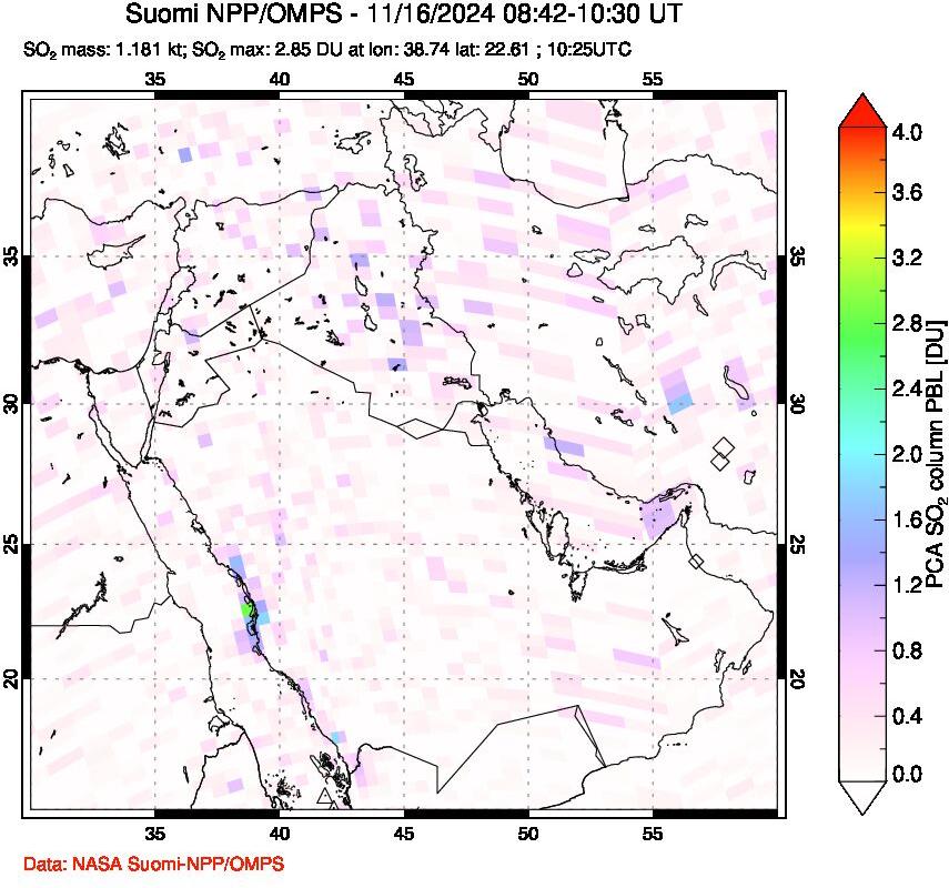 A sulfur dioxide image over Middle East on Nov 16, 2024.