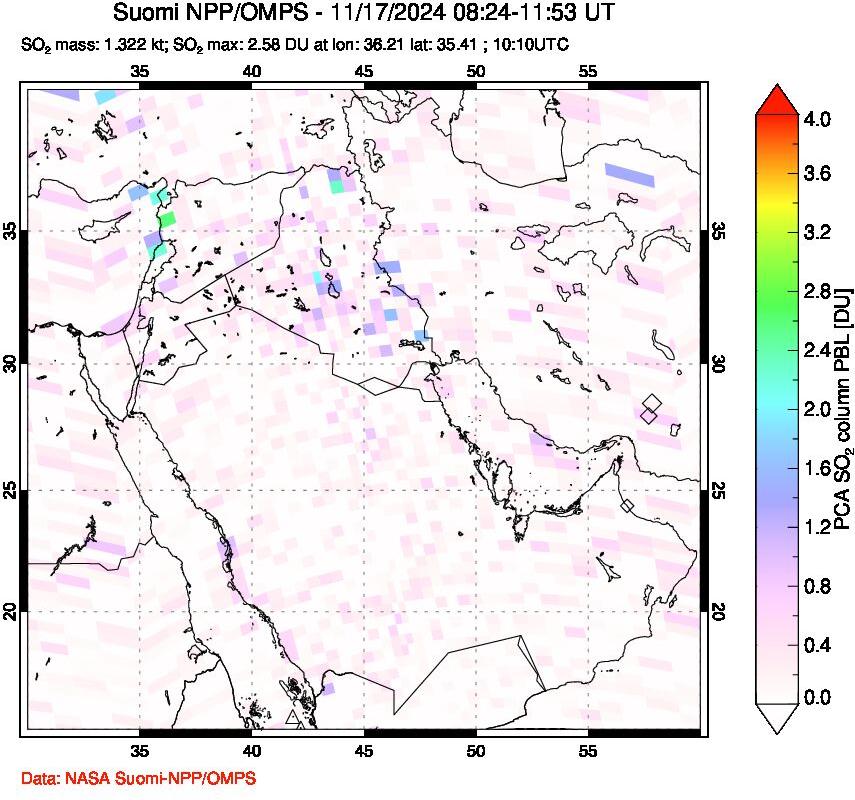 A sulfur dioxide image over Middle East on Nov 17, 2024.