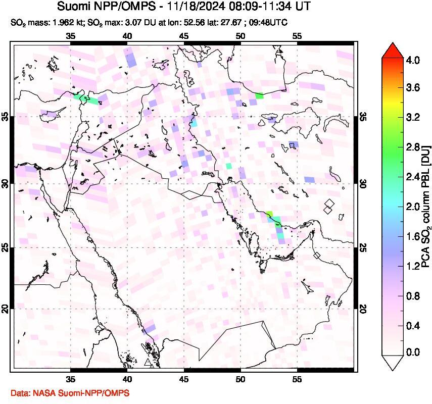 A sulfur dioxide image over Middle East on Nov 18, 2024.