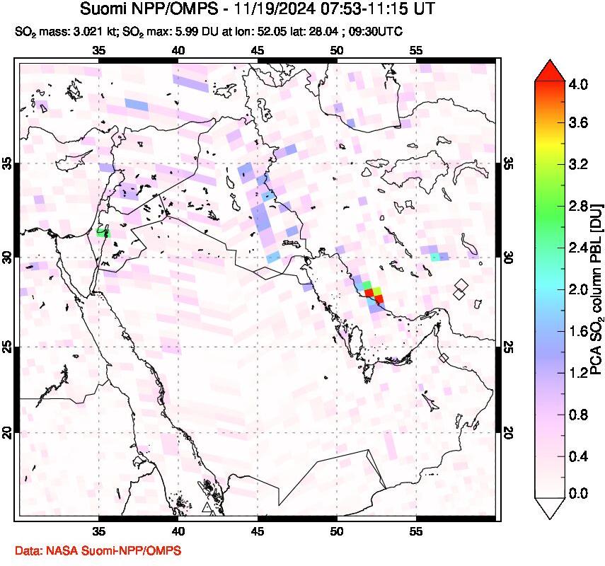 A sulfur dioxide image over Middle East on Nov 19, 2024.