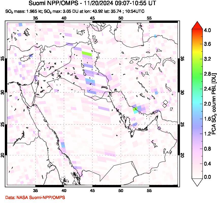 A sulfur dioxide image over Middle East on Nov 20, 2024.