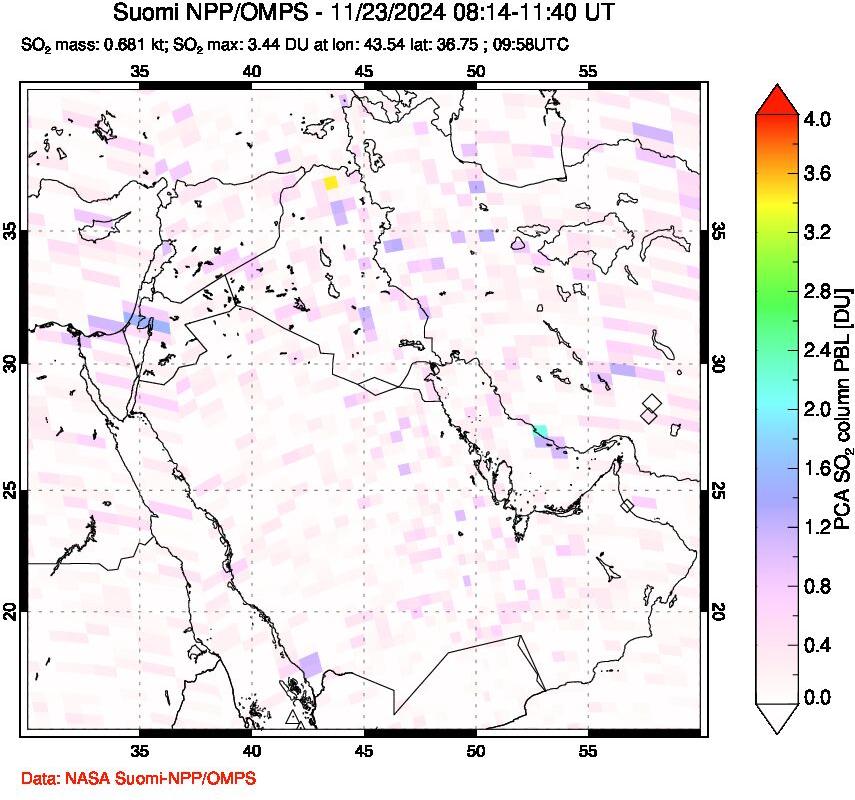 A sulfur dioxide image over Middle East on Nov 23, 2024.