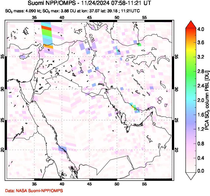 A sulfur dioxide image over Middle East on Nov 24, 2024.