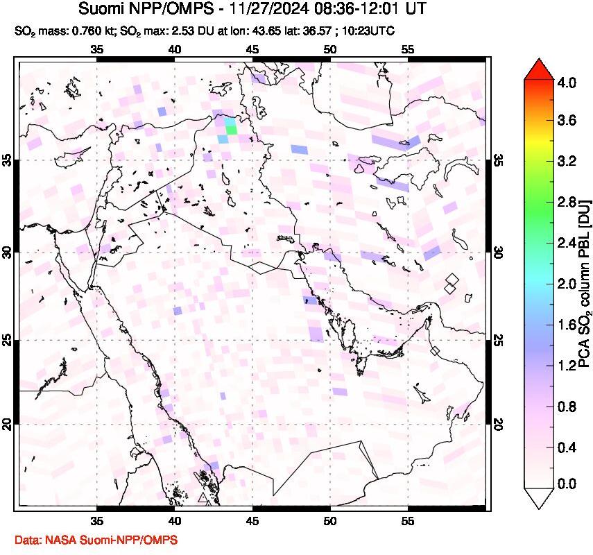 A sulfur dioxide image over Middle East on Nov 27, 2024.