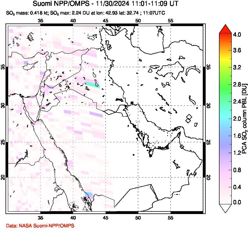 A sulfur dioxide image over Middle East on Nov 30, 2024.