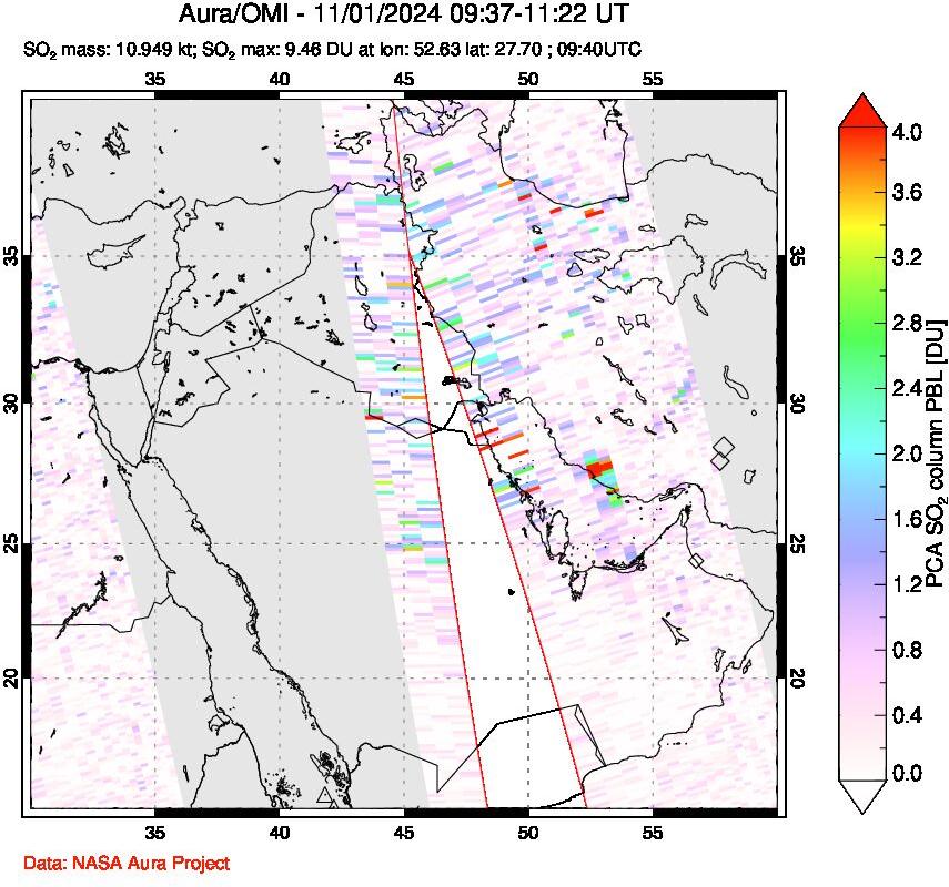 A sulfur dioxide image over Middle East on Nov 01, 2024.