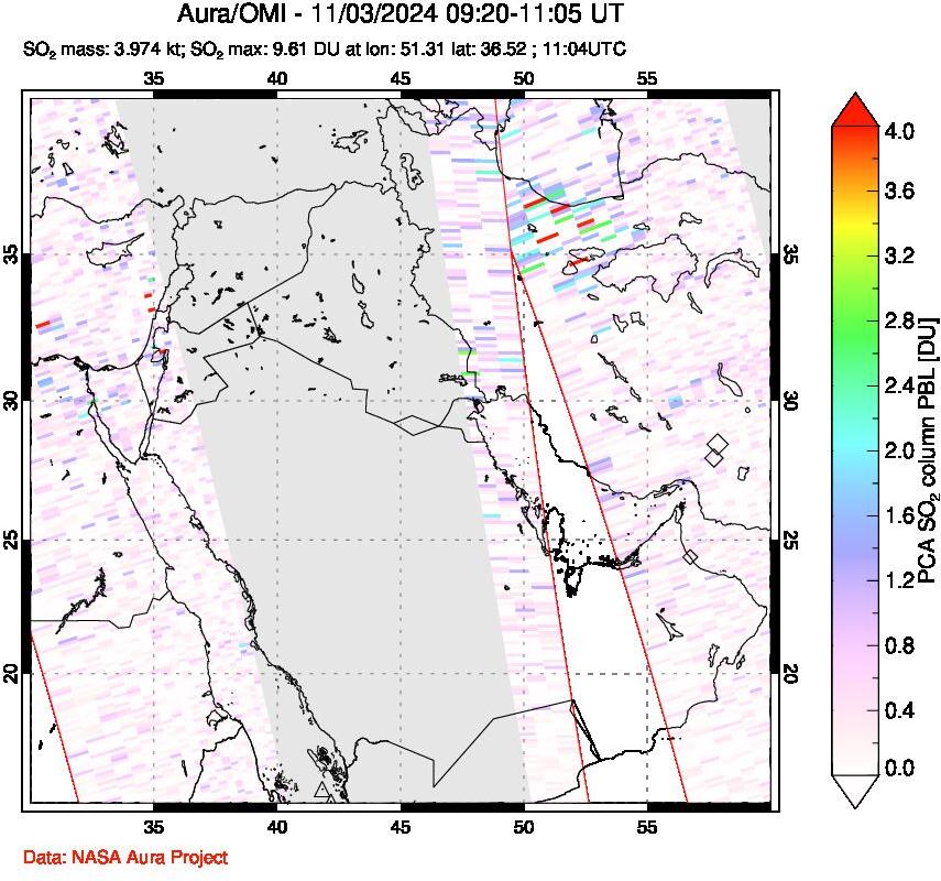 A sulfur dioxide image over Middle East on Nov 03, 2024.