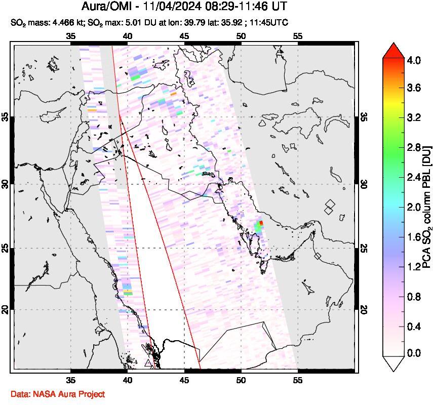 A sulfur dioxide image over Middle East on Nov 04, 2024.