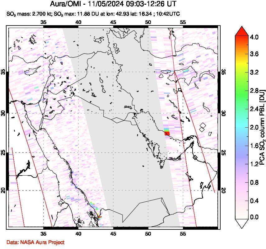 A sulfur dioxide image over Middle East on Nov 05, 2024.