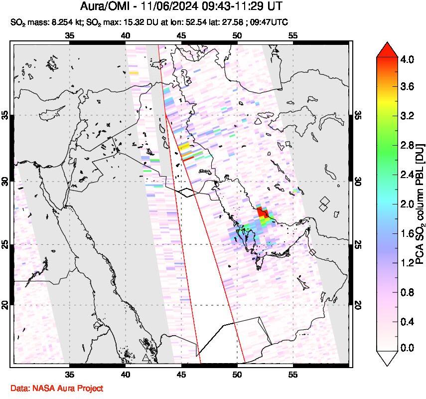 A sulfur dioxide image over Middle East on Nov 06, 2024.