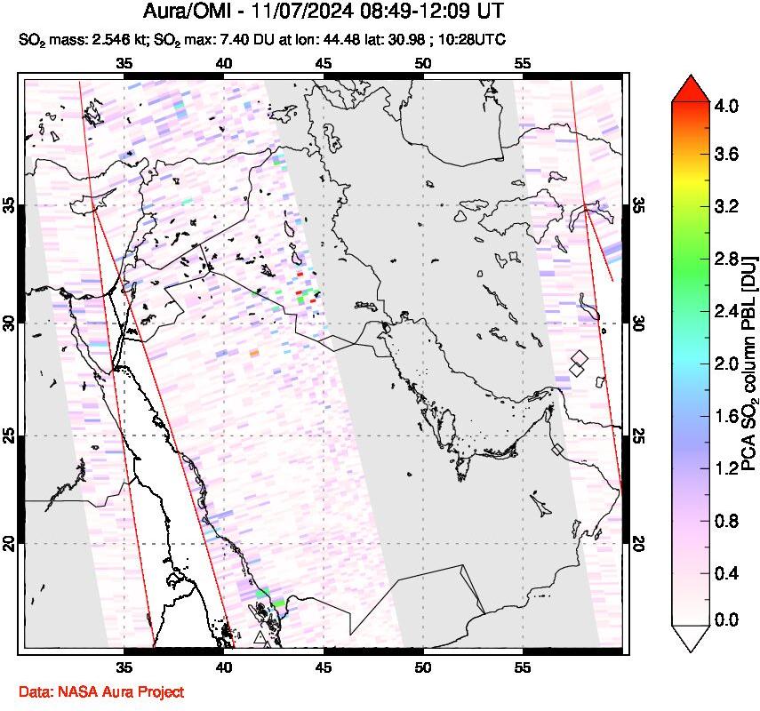 A sulfur dioxide image over Middle East on Nov 07, 2024.