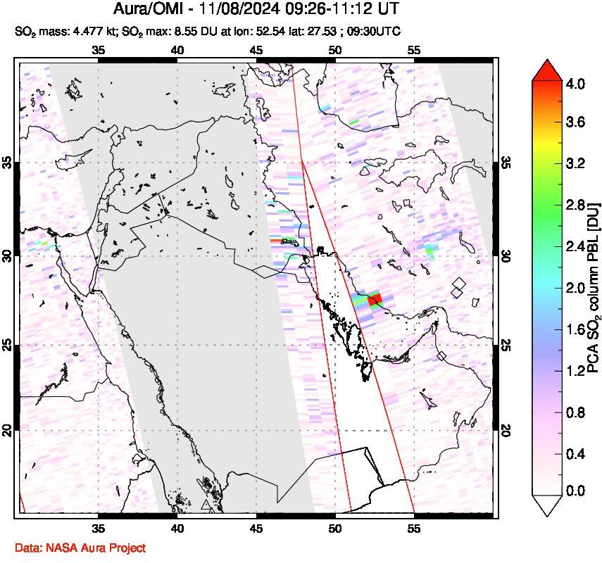 A sulfur dioxide image over Middle East on Nov 08, 2024.