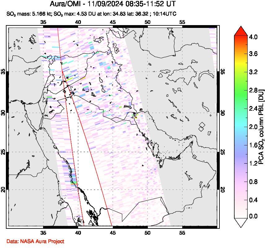 A sulfur dioxide image over Middle East on Nov 09, 2024.