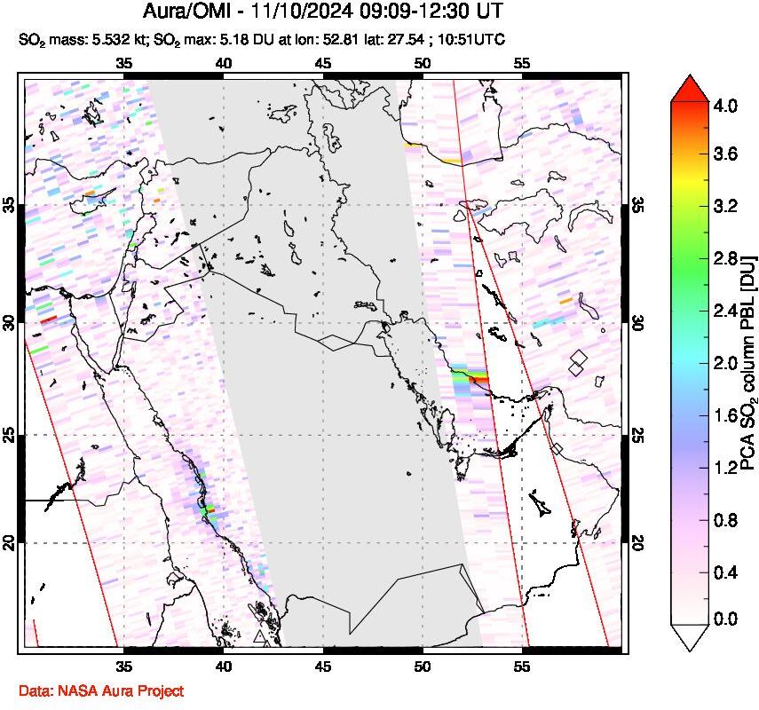 A sulfur dioxide image over Middle East on Nov 10, 2024.