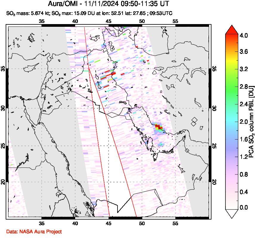 A sulfur dioxide image over Middle East on Nov 11, 2024.