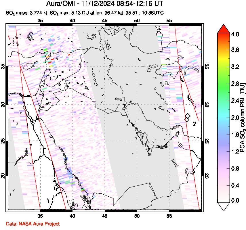 A sulfur dioxide image over Middle East on Nov 12, 2024.