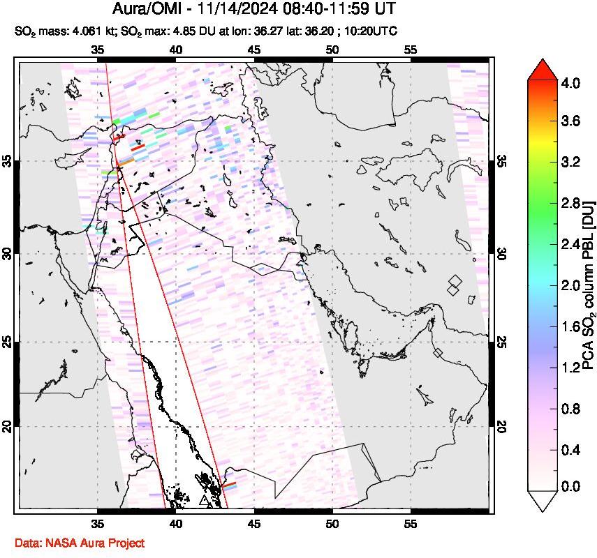 A sulfur dioxide image over Middle East on Nov 14, 2024.