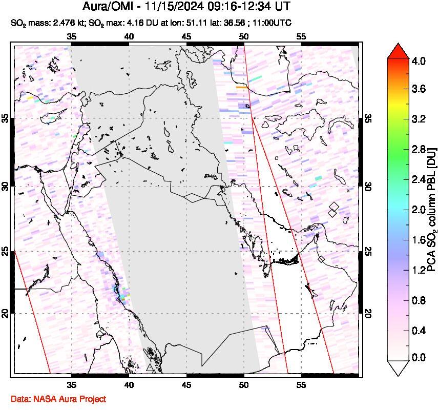 A sulfur dioxide image over Middle East on Nov 15, 2024.