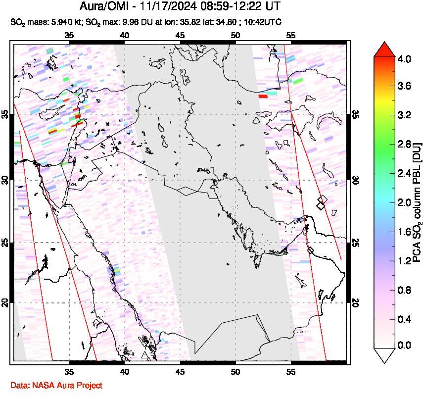 A sulfur dioxide image over Middle East on Nov 17, 2024.