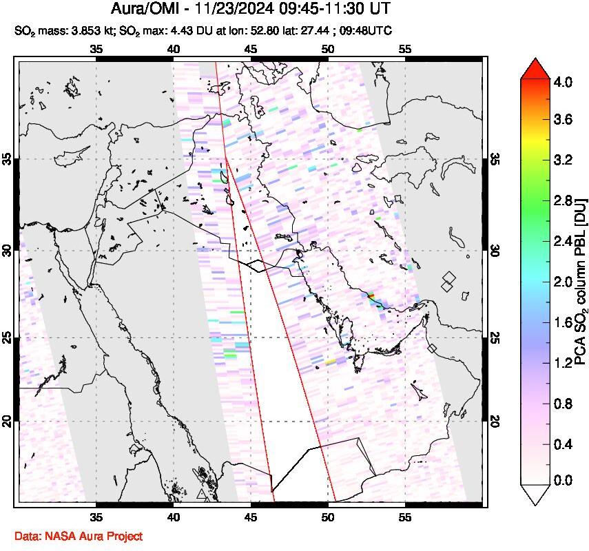 A sulfur dioxide image over Middle East on Nov 23, 2024.