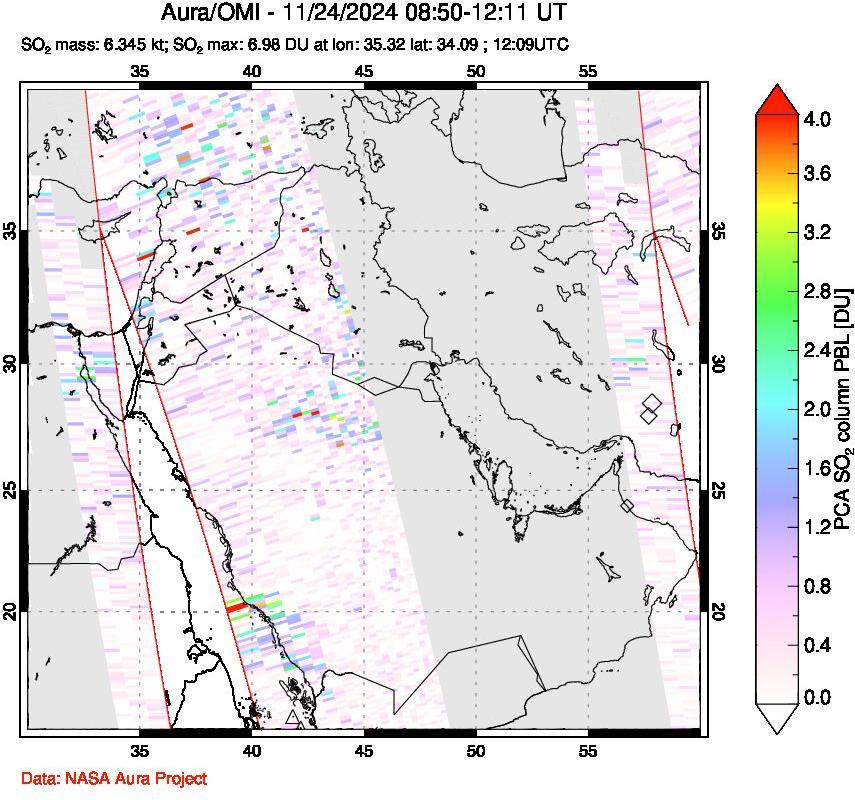 A sulfur dioxide image over Middle East on Nov 24, 2024.