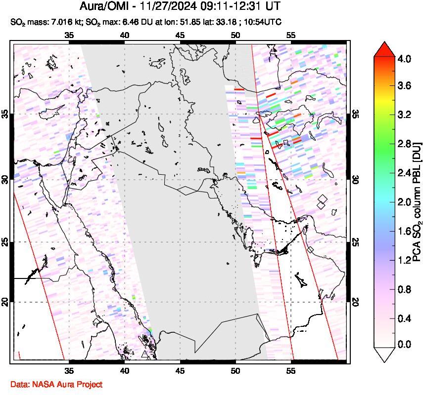 A sulfur dioxide image over Middle East on Nov 27, 2024.