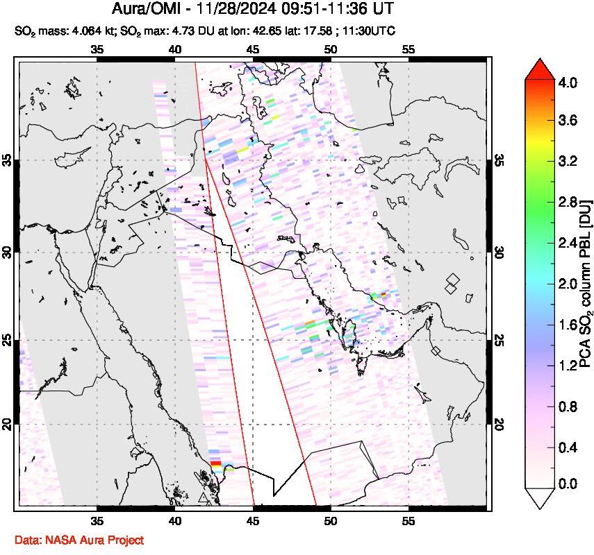 A sulfur dioxide image over Middle East on Nov 28, 2024.