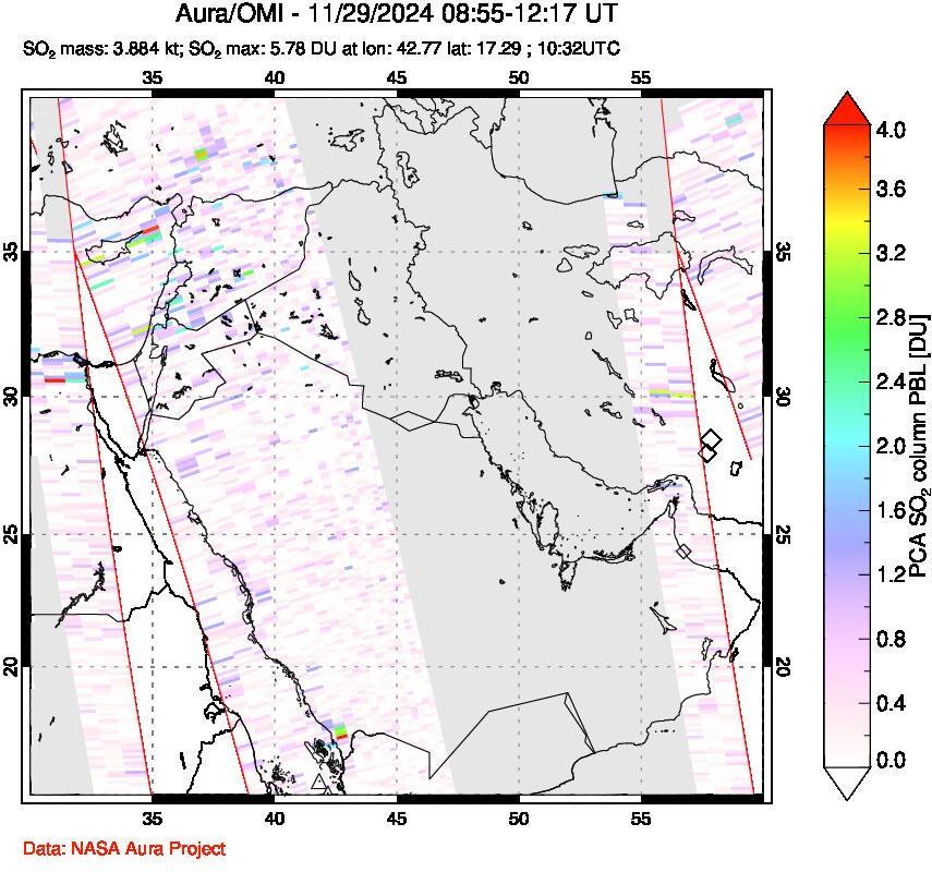 A sulfur dioxide image over Middle East on Nov 29, 2024.