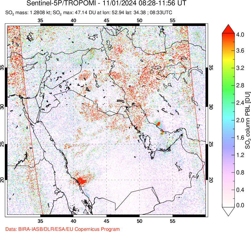 A sulfur dioxide image over Middle East on Nov 01, 2024.