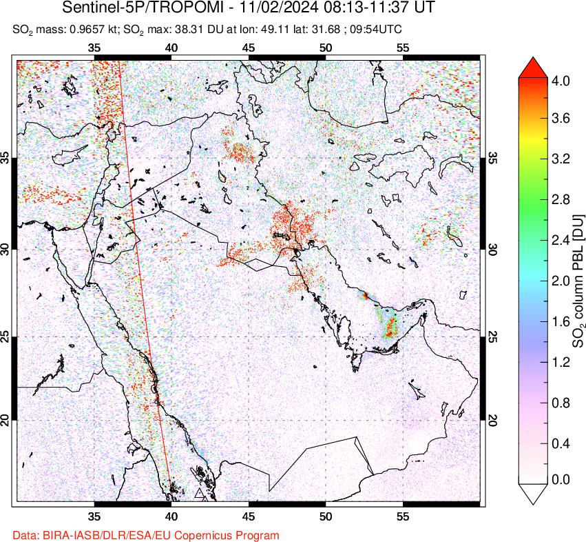 A sulfur dioxide image over Middle East on Nov 02, 2024.