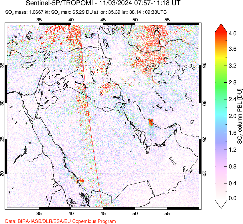 A sulfur dioxide image over Middle East on Nov 03, 2024.