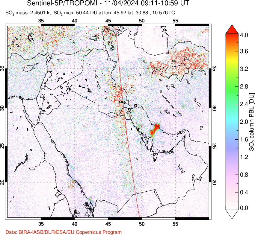 A sulfur dioxide image over Middle East on Nov 04, 2024.