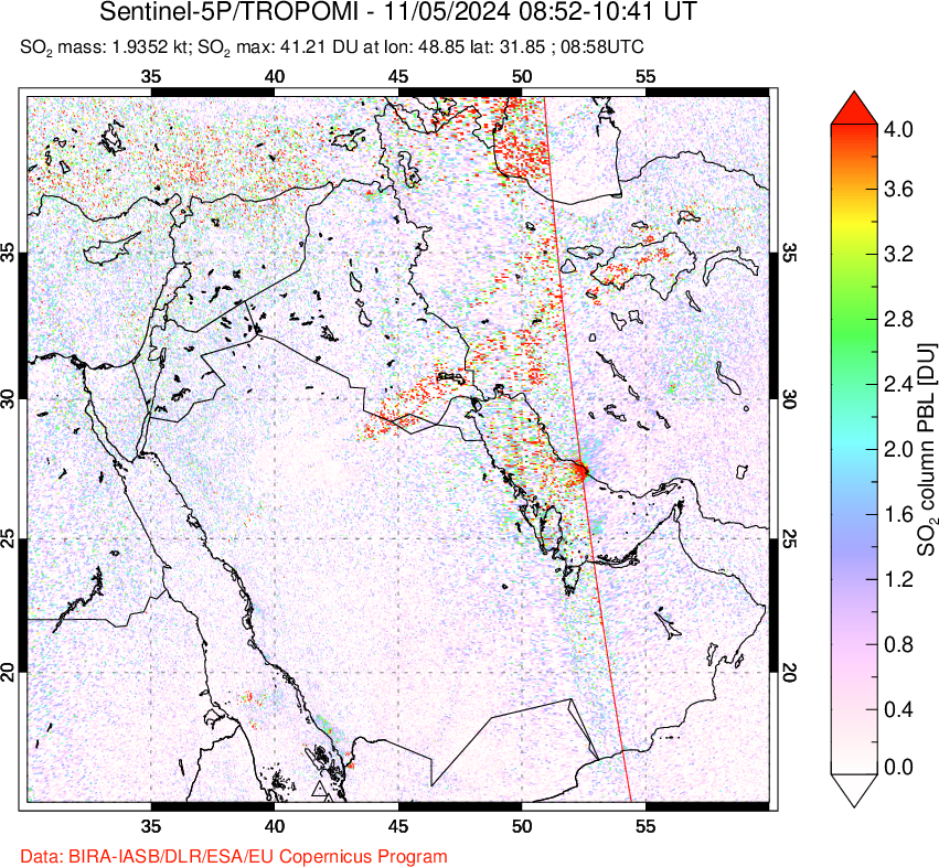 A sulfur dioxide image over Middle East on Nov 05, 2024.