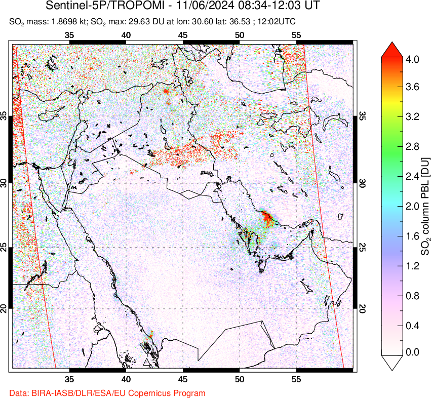 A sulfur dioxide image over Middle East on Nov 06, 2024.