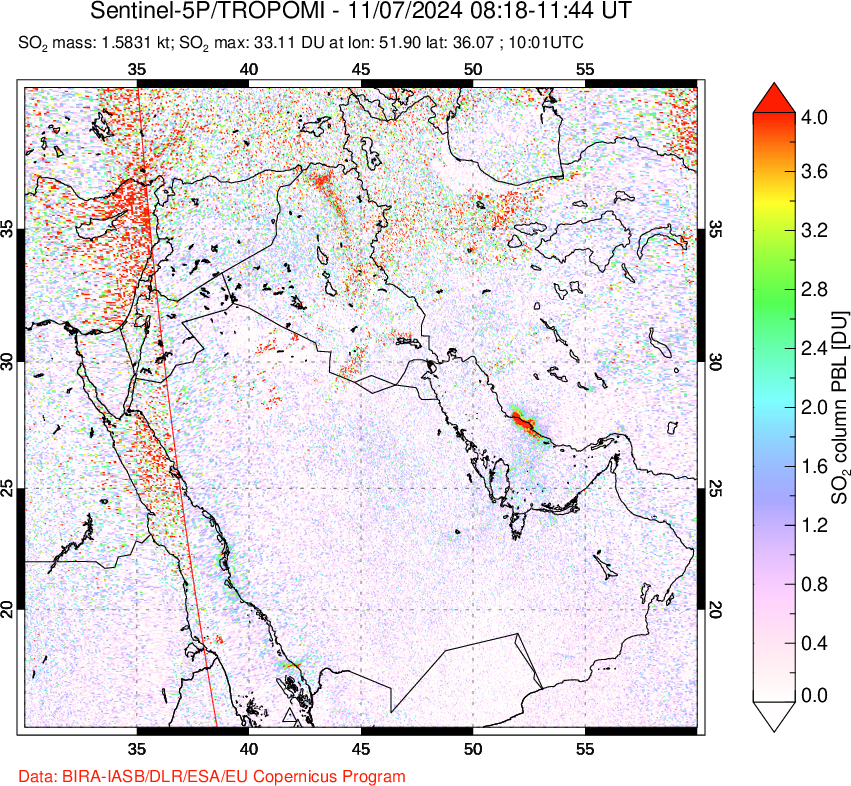 A sulfur dioxide image over Middle East on Nov 07, 2024.