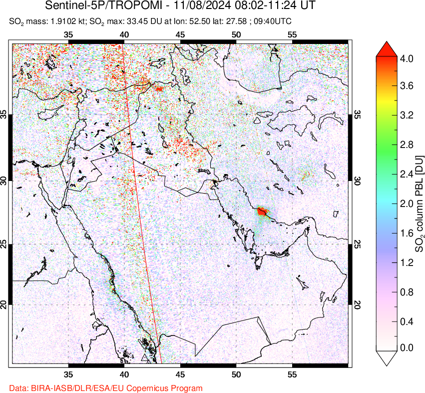 A sulfur dioxide image over Middle East on Nov 08, 2024.