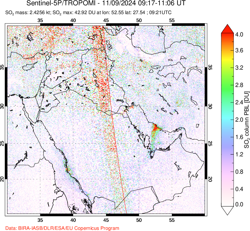 A sulfur dioxide image over Middle East on Nov 09, 2024.