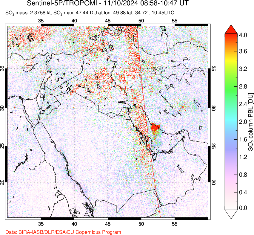 A sulfur dioxide image over Middle East on Nov 10, 2024.