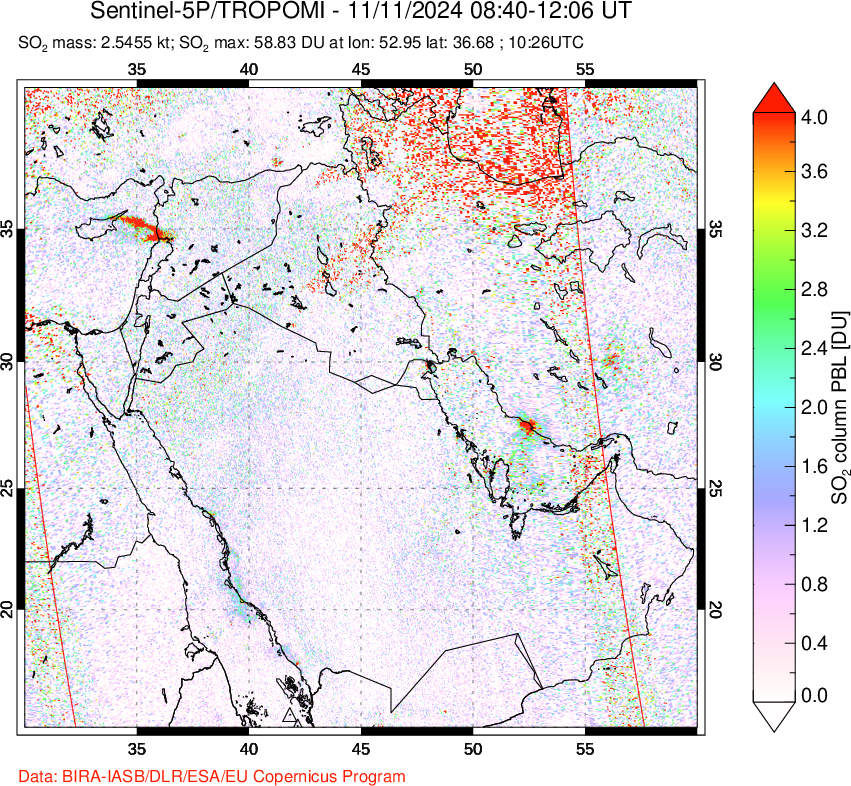 A sulfur dioxide image over Middle East on Nov 11, 2024.