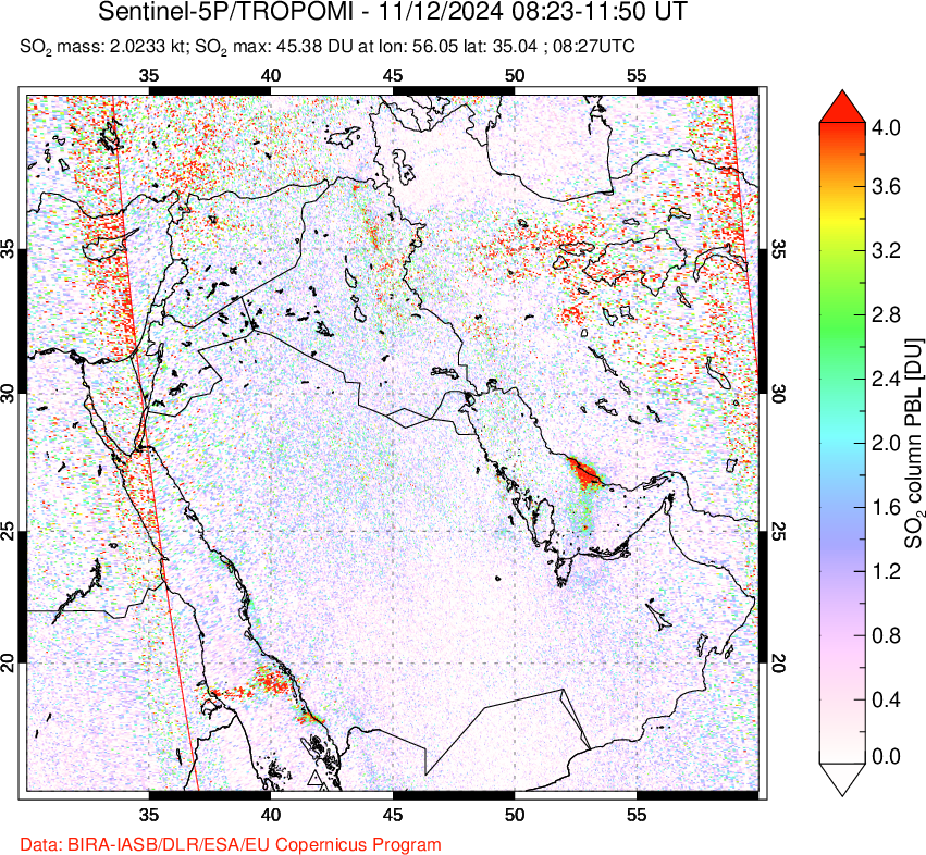 A sulfur dioxide image over Middle East on Nov 12, 2024.