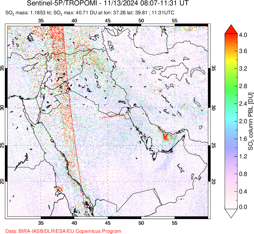 A sulfur dioxide image over Middle East on Nov 13, 2024.