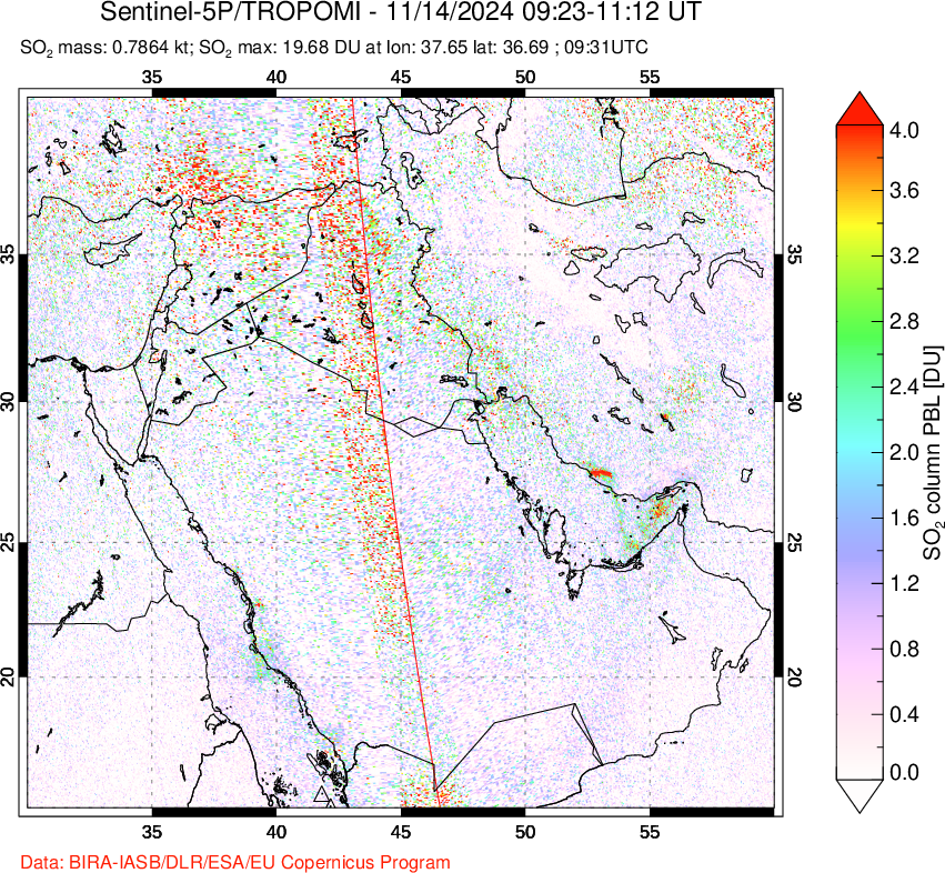 A sulfur dioxide image over Middle East on Nov 14, 2024.