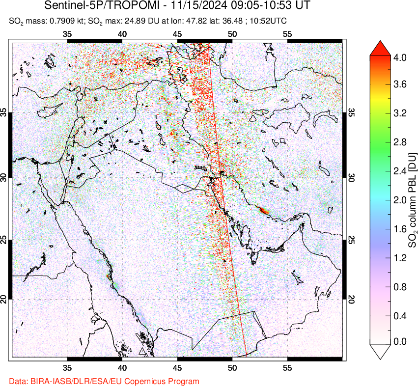 A sulfur dioxide image over Middle East on Nov 15, 2024.