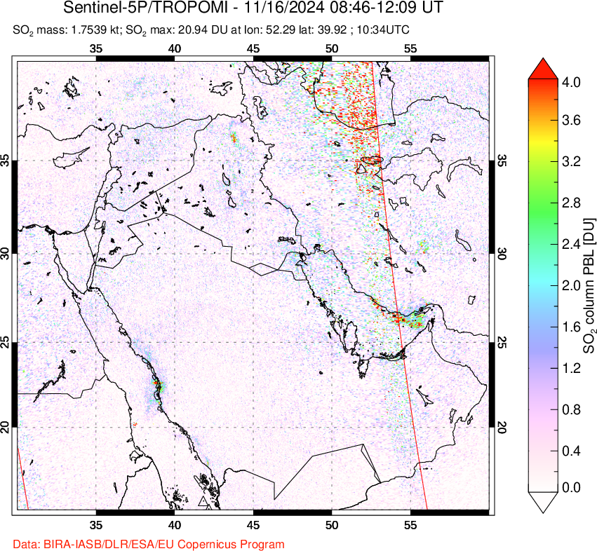 A sulfur dioxide image over Middle East on Nov 16, 2024.