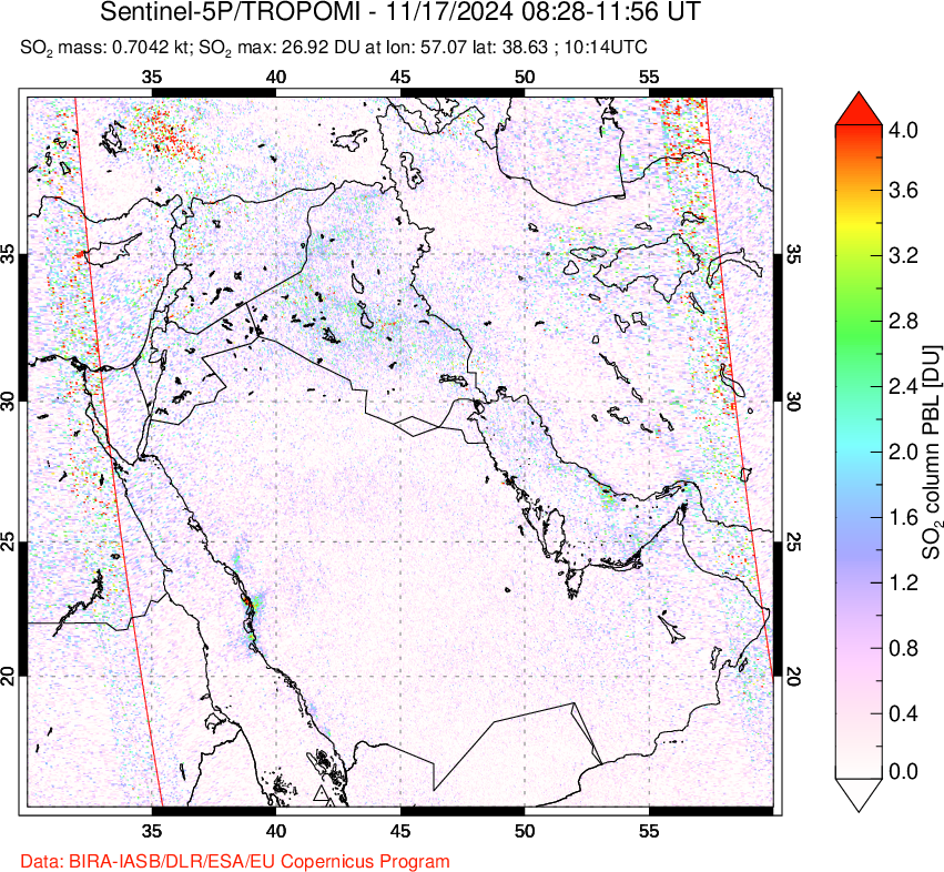 A sulfur dioxide image over Middle East on Nov 17, 2024.