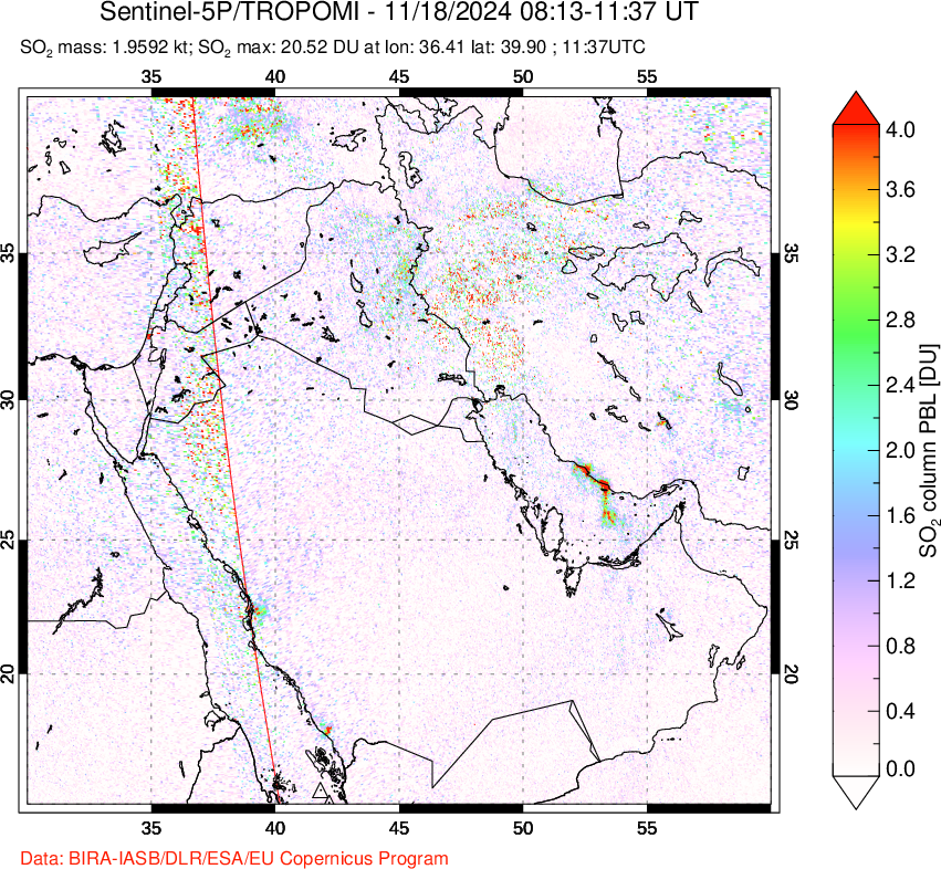 A sulfur dioxide image over Middle East on Nov 18, 2024.