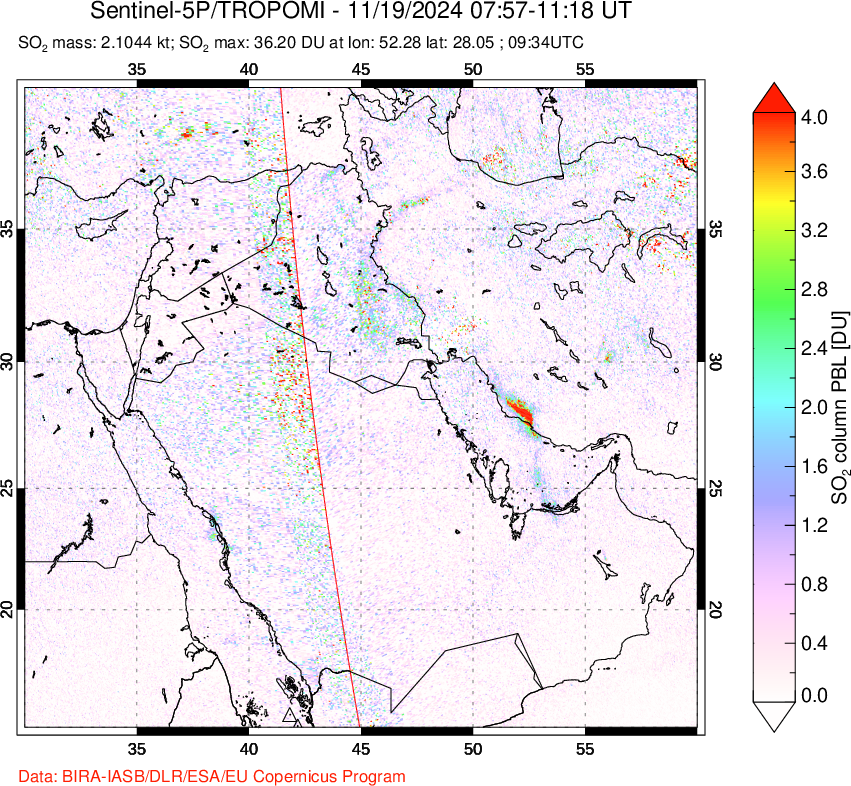 A sulfur dioxide image over Middle East on Nov 19, 2024.